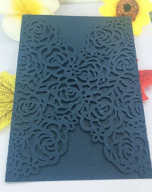 25X Gold/Silver/Black/Light gold/Rose Gold Glitter Paper Rose Flower laser cut Hollow wedding invitation greeting card cover