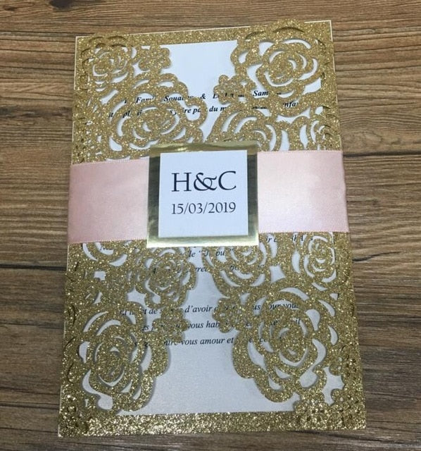 Super elegant laser cut rose gold glitter paper wedding invitation card hot selll personalize royal wedding card for wedding
