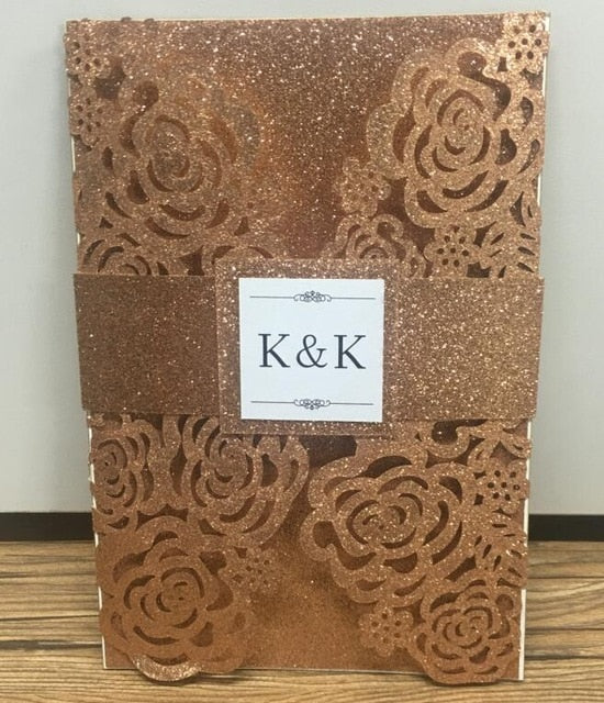 Super elegant laser cut rose gold glitter paper wedding invitation card hot selll personalize royal wedding card for wedding