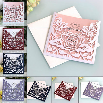 10pcs Rose Wedding Invitations Cards Kits Vertical Laser Cut Flower Shower Birthday Greeting Card Event Party Supplies