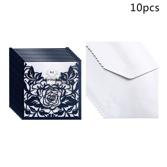 10pcs Rose Wedding Invitations Cards Kits Vertical Laser Cut Flower Shower Birthday Greeting Card Event Party Supplies
