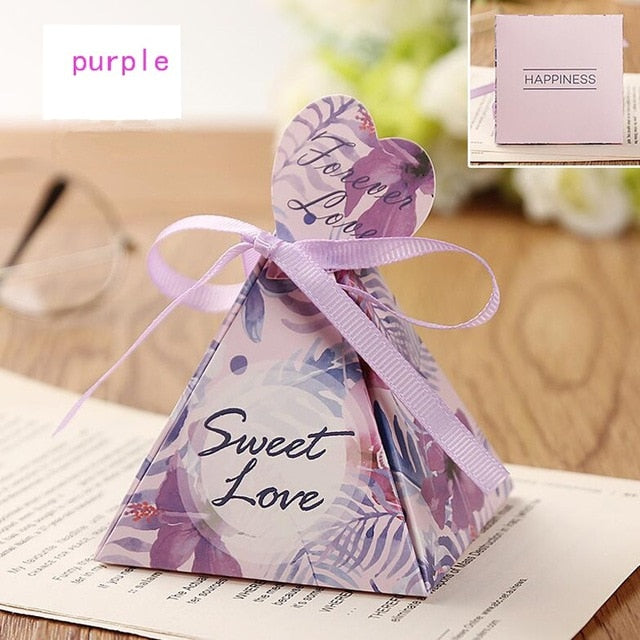 100pcs Triangular Pyramid Wedding Favors Supplies Leaves Candy Boxes with Thanks Card Gift Box Party Packaging Chocolate Box