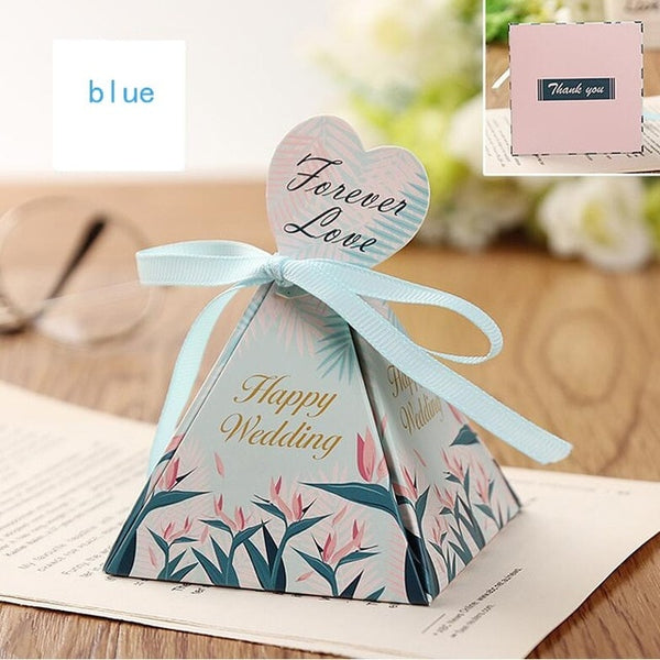 100pcs Triangular Pyramid Wedding Favors Supplies Leaves Candy Boxes with Thanks Card Gift Box Party Packaging Chocolate Box