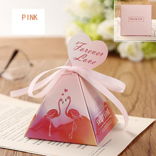 100pcs Triangular Pyramid Wedding Favors Supplies Leaves Candy Boxes with Thanks Card Gift Box Party Packaging Chocolate Box