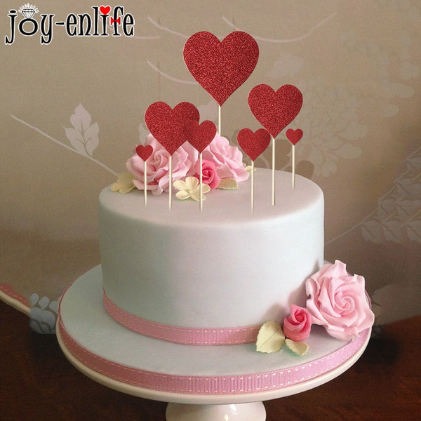 Wedding Cake Topper 7pcs Glitter Red Heart Shaped Cupcake Toppers With Toothpick Decor For Birthday Marriage Valentine Party
