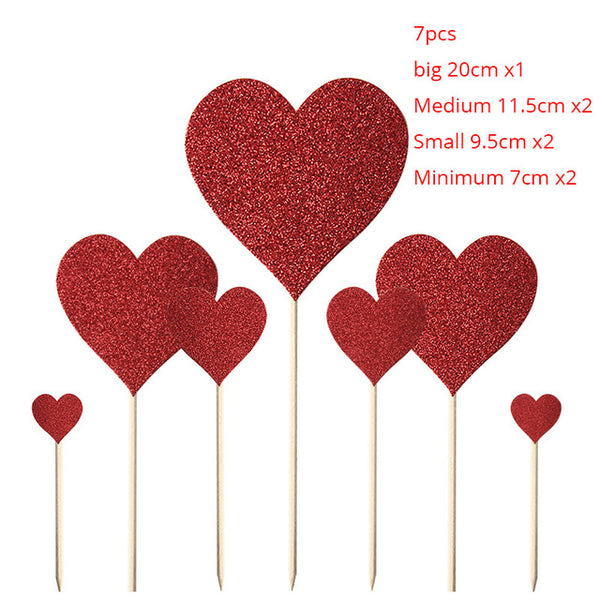 Wedding Cake Topper 7pcs Glitter Red Heart Shaped Cupcake Toppers With Toothpick Decor For Birthday Marriage Valentine Party