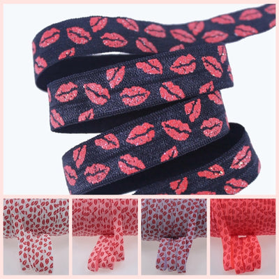 6 Colors 5/8" Sexy Glitter Red Lips FOE Fold Over Elastic for Valentine accessaries welcome custom printed