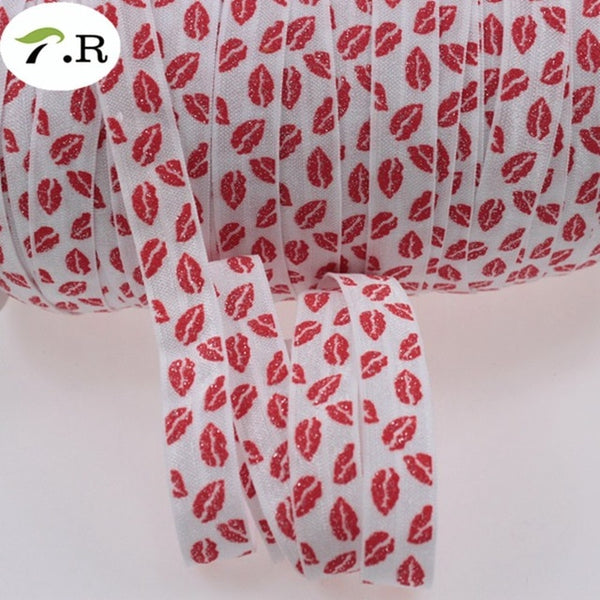 6 Colors 5/8" Sexy Glitter Red Lips FOE Fold Over Elastic for Valentine accessaries welcome custom printed