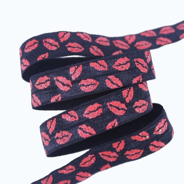 6 Colors 5/8" Sexy Glitter Red Lips FOE Fold Over Elastic for Valentine accessaries welcome custom printed