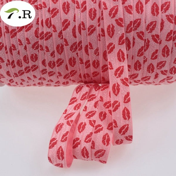 6 Colors 5/8" Sexy Glitter Red Lips FOE Fold Over Elastic for Valentine accessaries welcome custom printed