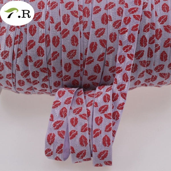 6 Colors 5/8" Sexy Glitter Red Lips FOE Fold Over Elastic for Valentine accessaries welcome custom printed